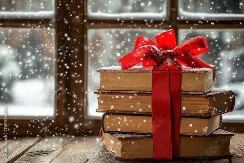 Stack of books tied with red ribbon by window during snowfall. holiday gift concept photo