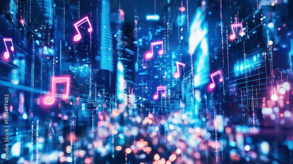 Fototapeta premium Futuristic city skyline with glowing musical notes, representing digital music streaming and urban nightlife.