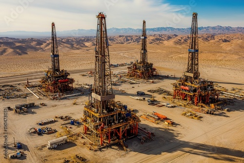 Oil rigs dominate barren landscape, showcasing industrial streng photo