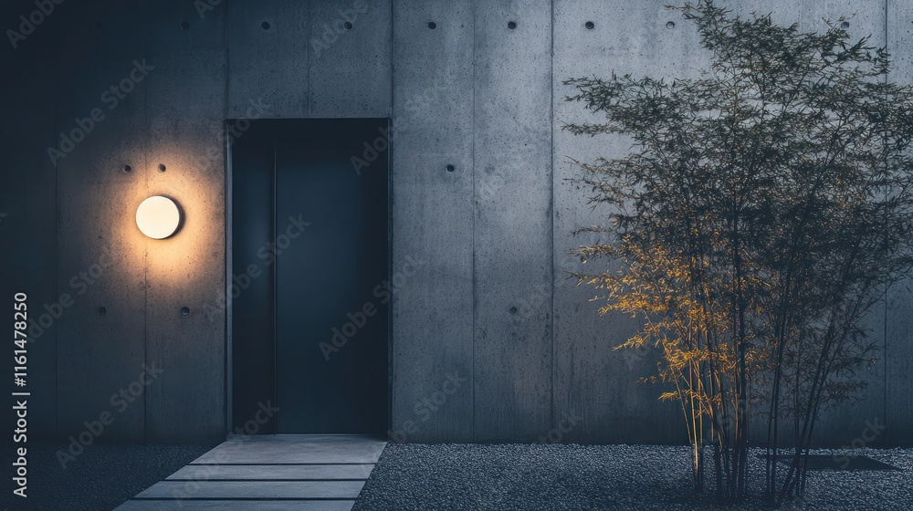 Obraz premium Modern concrete building exterior at night, featuring a minimalist door, wall lamp, and bamboo plants.