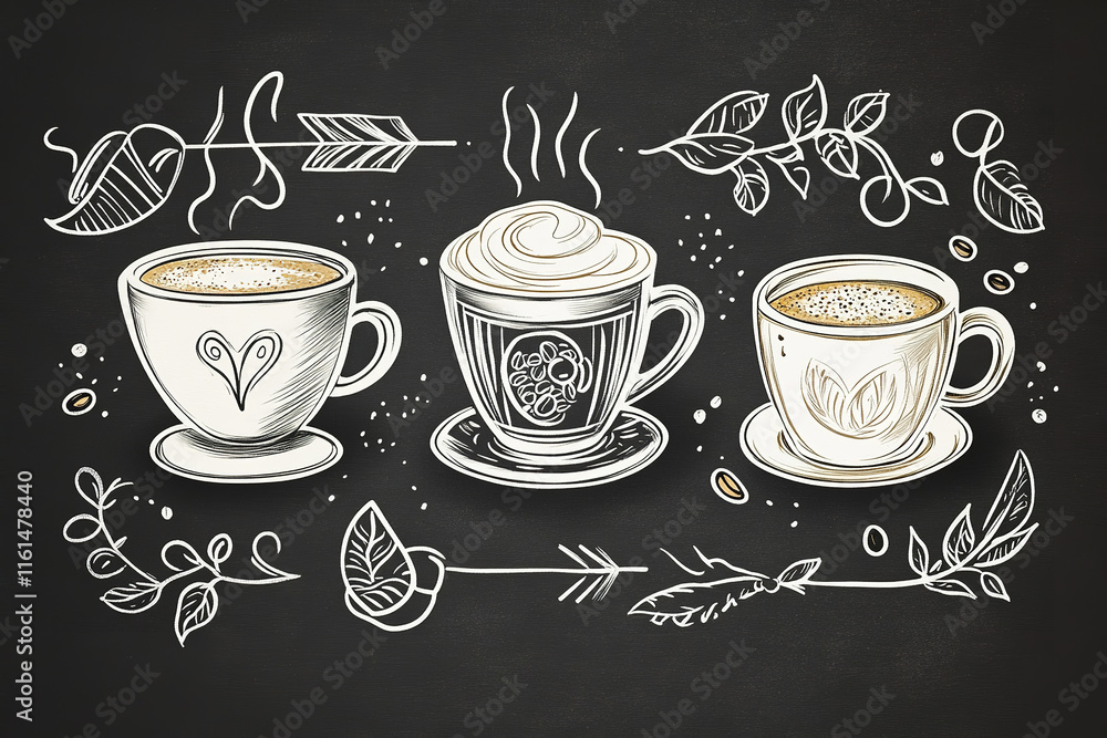 The image is a chalkboard drawing featuring three stylized coffee cups with decorative elements such as steam, leaves, and coffee beans