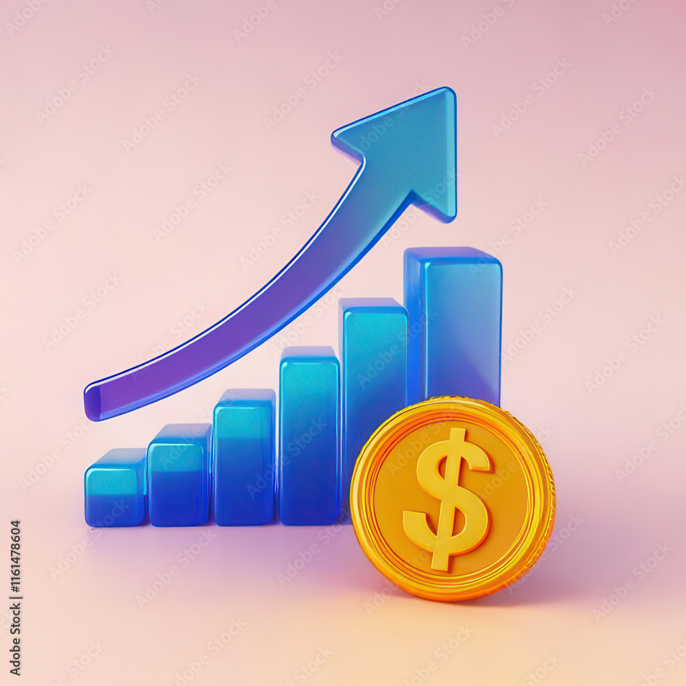Blue Graph Indicates Growth with Rising Arrow and Gold Coin Symbolizing Financial Success and Investment Opportunities in Modern Economy Blue Graph Indicates Growth with Rising Arrow and Gold Coin Symbolizing Financial Success and Investment Opportunities in Modern Economy