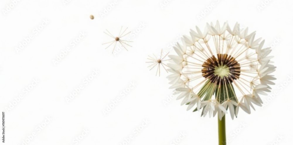 Close-up of a dandelion's seed head releasing seeds onto a stark white backdrop, macro, soft Close-up of a dandelion's seed head releasing seeds onto a stark white backdrop, macro, soft