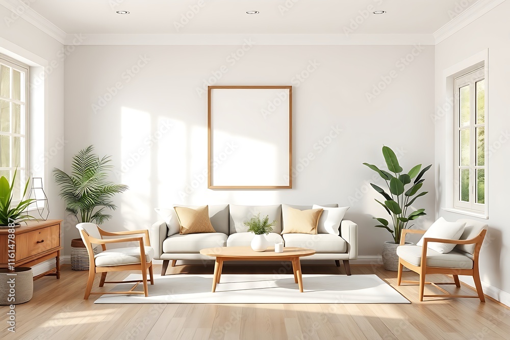 Fototapeta premium Living Room Mockup: Modern Interior Design with a focus on contemporary elegance and warmth. This image showcases a spacious living room with a minimalist aesthetic, featuring a cozy sofa, armchairs.