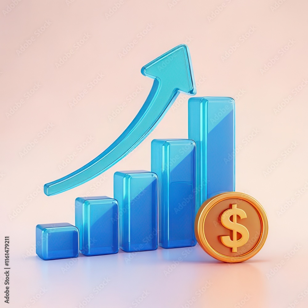 Modern Financial Growth Concept with Blue Graph, Rising Arrow, and Golden Dollar Coin Representing Economic Success and Investment Opportunities Modern Financial Growth Concept with Blue Graph, Rising Arrow, and Golden Dollar Coin Representing Economic Success and Investment Opportunities