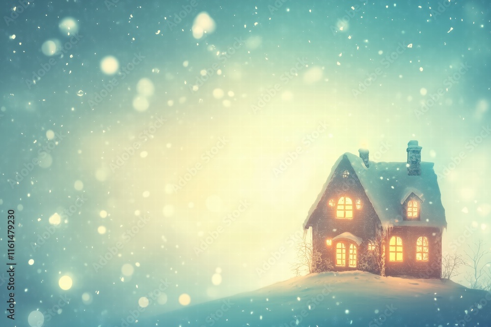 Snow-covered house glowing in night with snowfall. winter holidays Snow-covered house glowing in night with snowfall. winter holidays