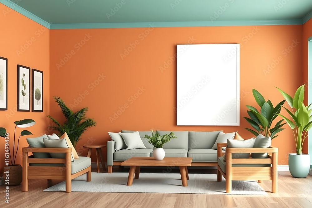 Mid-Century Modern Living Room with Mockup Poster: A stylish and inviting living room with mid-century modern furniture and a large blank poster on the wall. Mid-Century Modern Living Room with Mockup Poster: A stylish and inviting living room with mid-century modern furniture and a large blank poster on the wall.