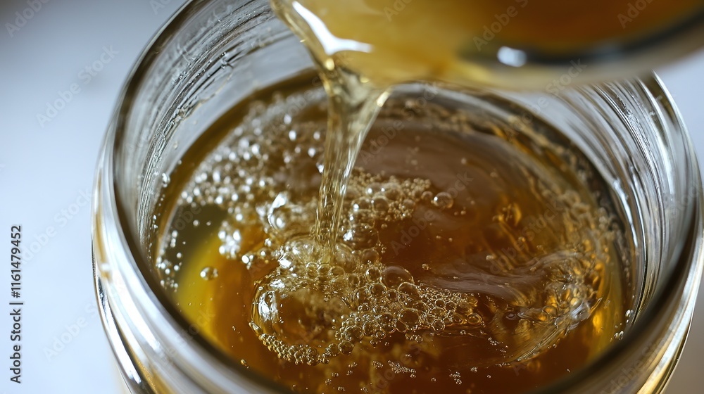 Golden liquid flowing into glass jar, capturing sparkling bubble Golden liquid flowing into glass jar, capturing sparkling bubble