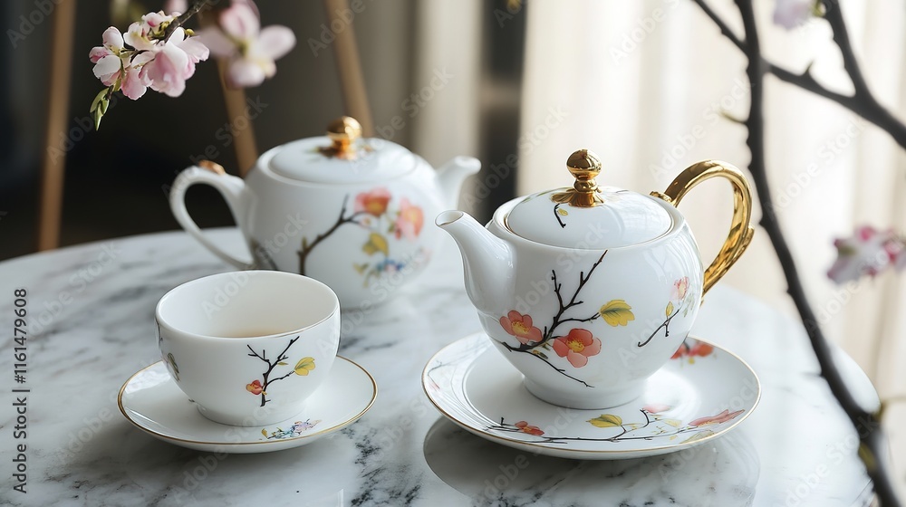Delicate porcelain tea set adorned with floral patterns, exuding Delicate porcelain tea set adorned with floral patterns, exuding