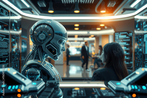 Wallpaper Mural humanoid robot interacts with person futuristic office, surrounded by digital screens displaying data and technology. environment is illuminated with modern lighting, creating high tech atmosphere Torontodigital.ca