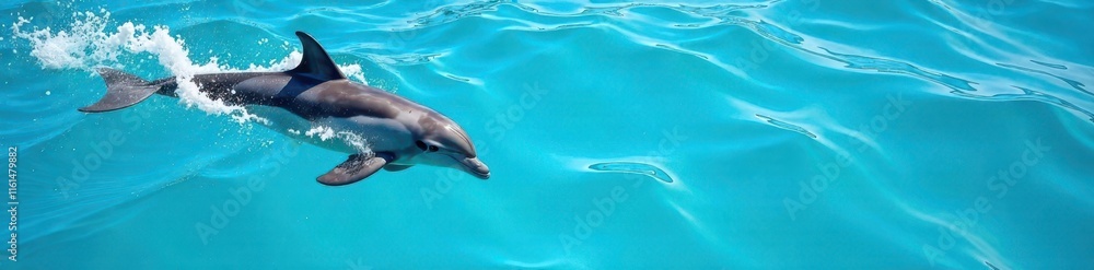 Obraz premium Dolphin swims in clear blue water with waves in background, ocean wildlife, marine life