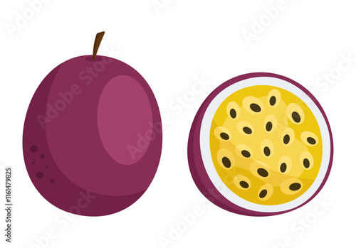 Fresh passion fruit whole and slice in flat style. Vector illustration on a white background.