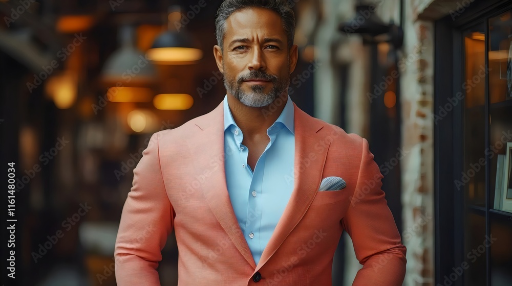 Fototapeta premium A man in a pink suit and blue shirt stands in front of a window