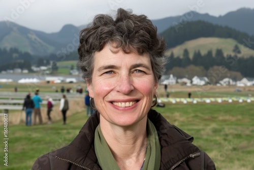 Mature caucasian woman smiling outdoors in scenic mountain landscape