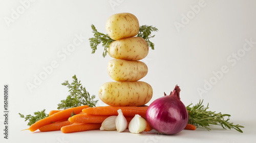 Peeled potatoes surrounded by fresh vegetables on a white backdrop.