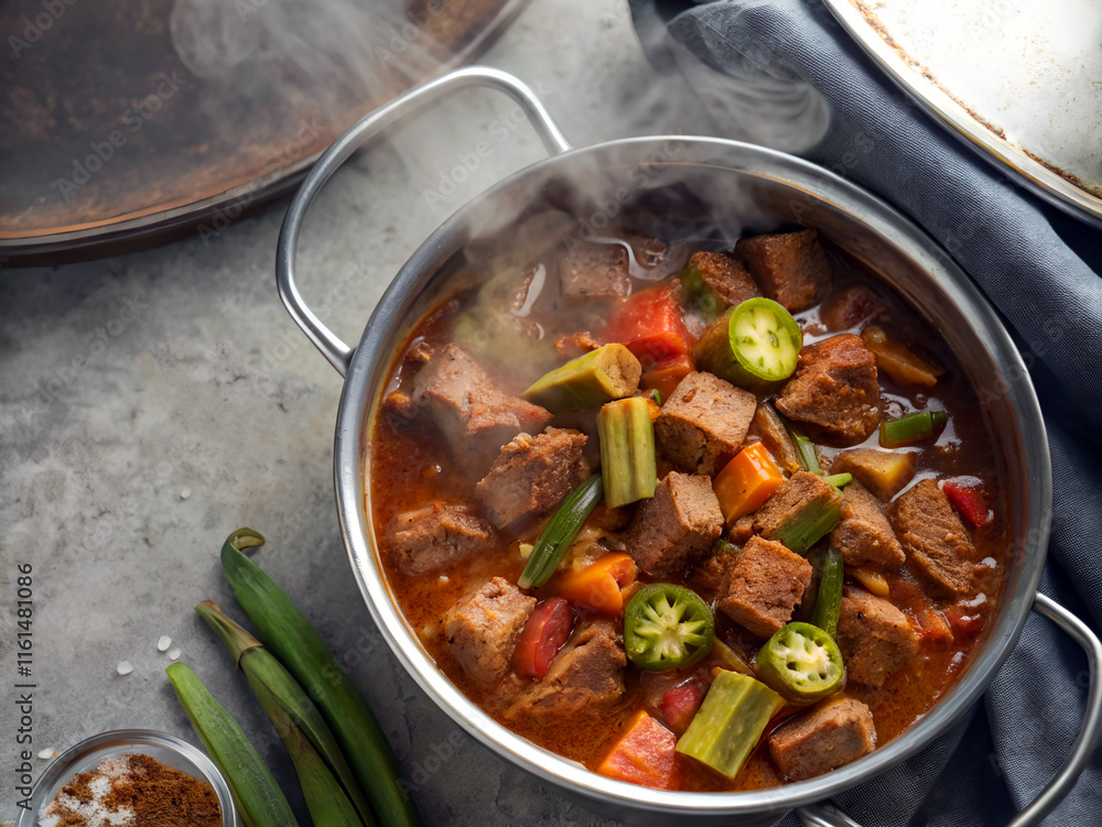 pot of beef stew with various vegetables, including okra, jalapeno peppers, and tomatoes, prepared with spices and herbs. The stew is steaming, indicating it's freshly cooked and ready to be served. pot of beef stew with various vegetables, including okra, jalapeno peppers, and tomatoes, prepared with spices and herbs. The stew is steaming, indicating it's freshly cooked and ready to be served.