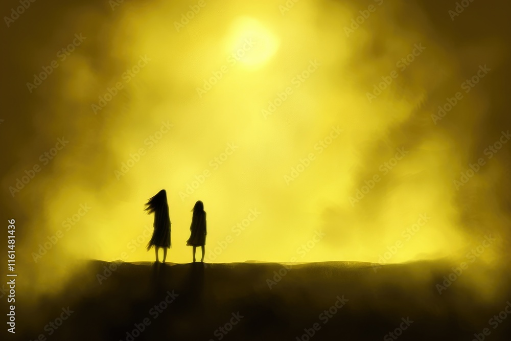 Silhouetted figures against golden sunset sky Silhouetted figures against golden sunset sky
