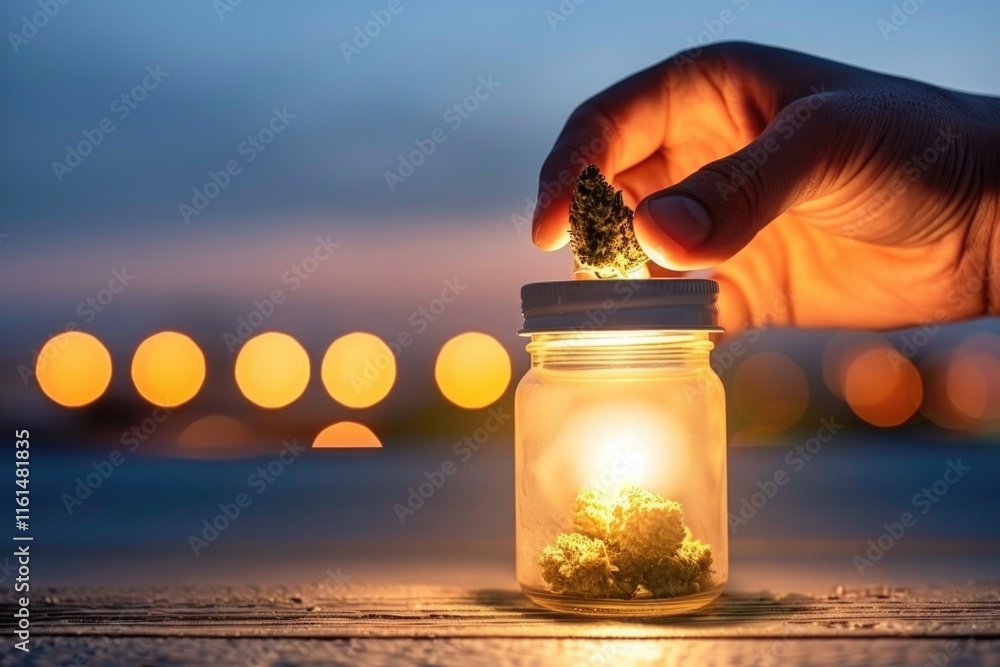Hand holding cannabis buds over jar with glowing light at sunset Hand holding cannabis buds over jar with glowing light at sunset