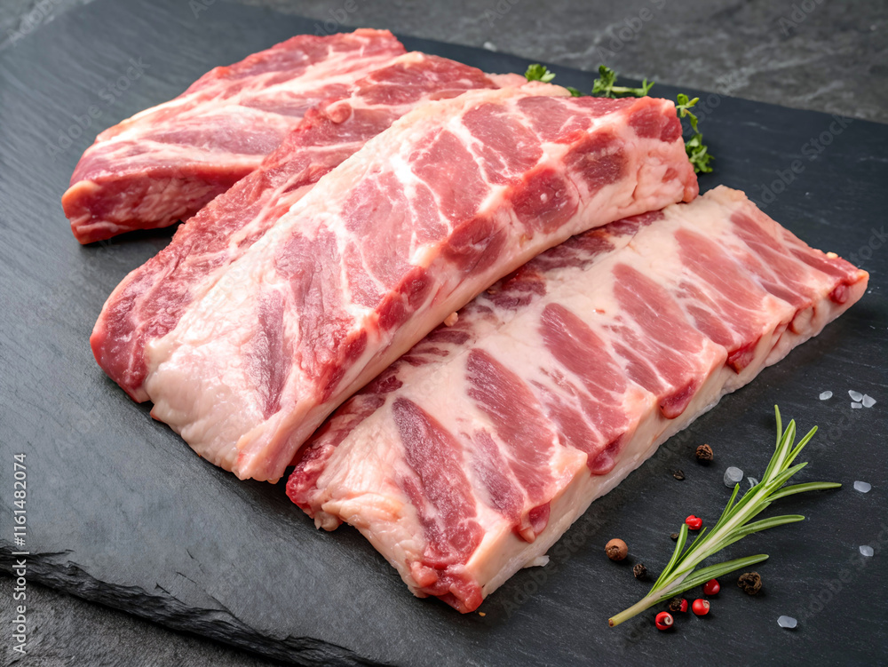 The image shows a piece of raw pork ribs on a black stone platter, garnished with rosemary sprigs and scattered red and black peppercorns. The image shows a piece of raw pork ribs on a black stone platter, garnished with rosemary sprigs and scattered red and black peppercorns.