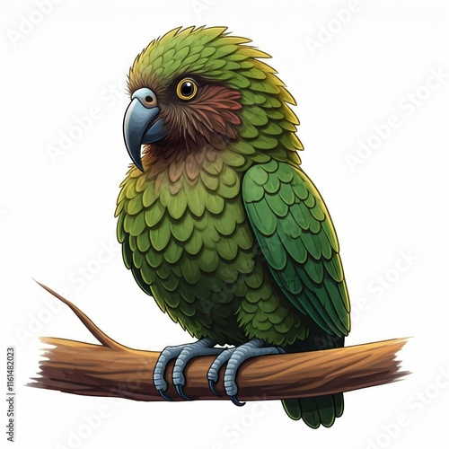 Leuchtend grüner Kakapo mit detaillierten Federn, vollständige Ansicht, Cartoon-Stil, weißer Hintergrund, Generative KI.