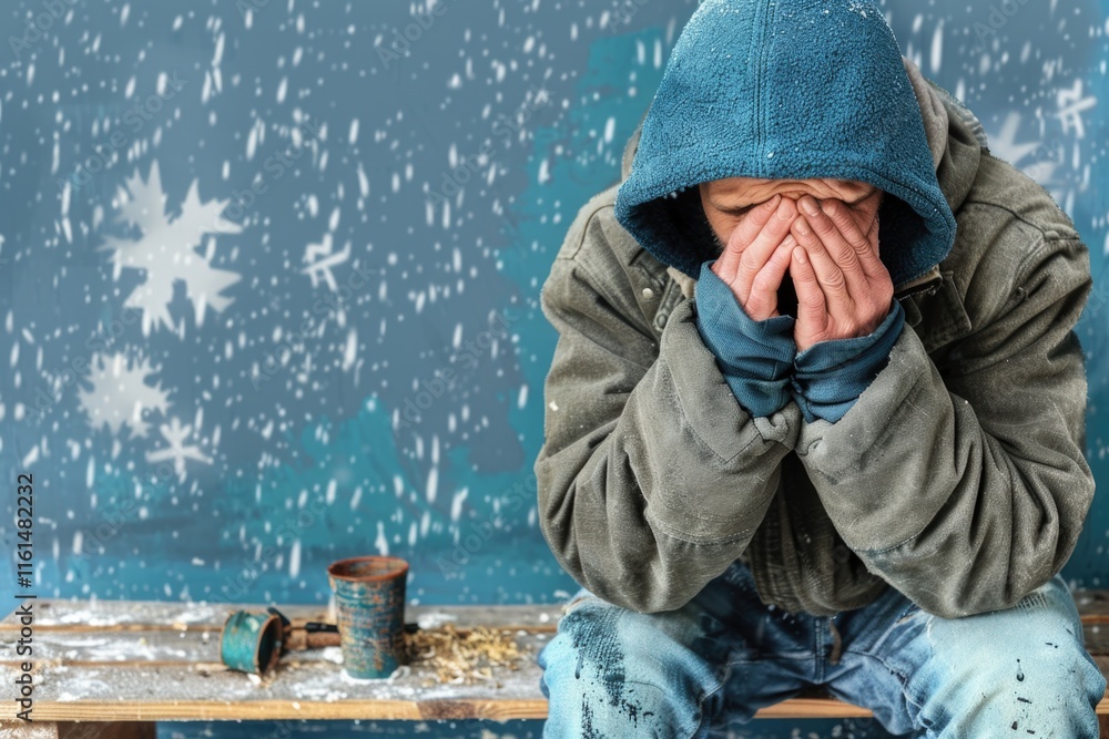 Homeless caucasian male in winter clothing sitting on bench with face in hands Homeless caucasian male in winter clothing sitting on bench with face in hands