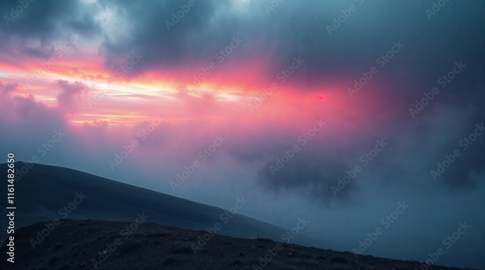 Obraz premium Red sunrise / sunset over a hill side