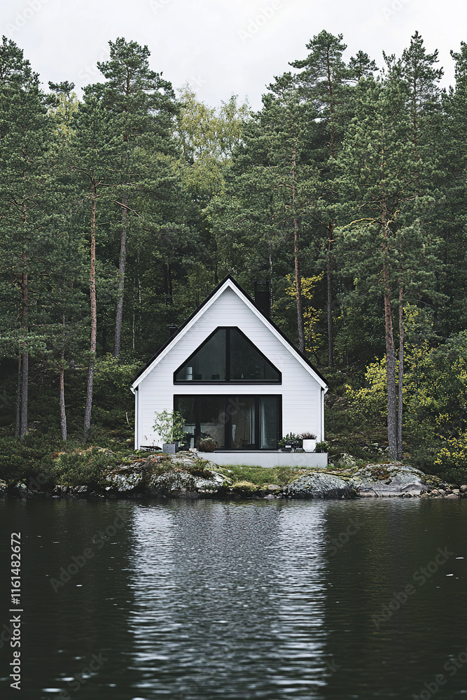 Fototapeta premium Modern house by the lake surrounded by tall trees in a tranquil setting