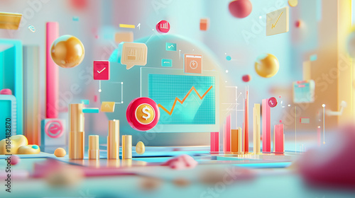 Abstract 3D rendering of financial data visualization. Rising charts, dollar symbols, and colorful icons illustrate growth and success metrics in a dynamic business environment