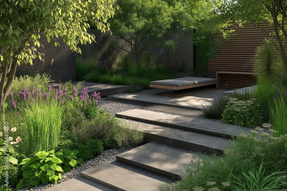 Modern Earthly Garden: Greenery, Stone Paths, and Soft Lighting Modern Earthly Garden: Greenery, Stone Paths, and Soft Lighting