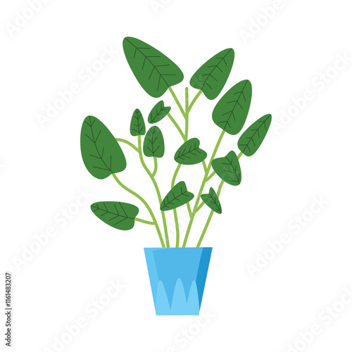 A potted plant with multiple green leaves in a blue pot. The leaves vary in size, with visible veins adding detail, perfect for discussions about botany, indoor gardening, or plant care