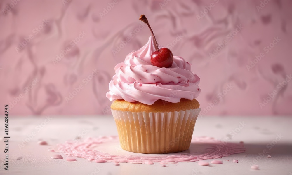 Retro styled cupcake with swirls of pink and white frosting, topped with a single cherry , cupcake, edible flowers, Retro styled cupcake with swirls of pink and white frosting, topped with a single cherry , cupcake, edible flowers,