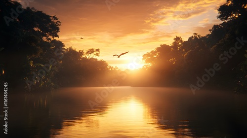 Fototapeta Naklejka Na Ścianę i Meble -  Serene sunset over a tranquil river in a lush rainforest. A bird soars through the golden sky, creating a breathtaking natural scene. Mist hangs low over the water, adding to the magical ambiance.