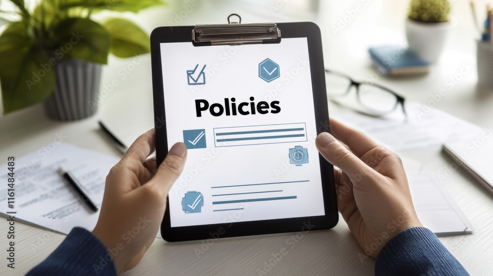 Policy documentation and compliance concept. A person reviews digital document labeled text Policy documentation and compliance concept. A person reviews digital document labeled text