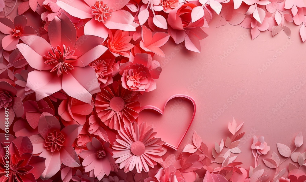 Beautiful Valentine's Day Background with Pink Love Heart. Paper Cut Flowers Design with copy-space. Beautiful Valentine's Day Background with Pink Love Heart. Paper Cut Flowers Design with copy-space.