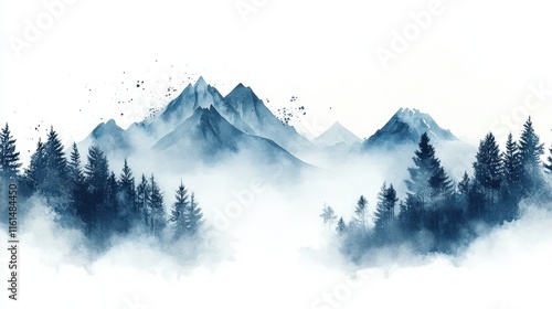 A beautiful fantasy landscape on a white background. Mountains, trees, fog. Watercolor painting. Abstract intricate splashes of paint on a white background.
