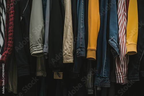 Row of colorful clothes hanging in a closet with dim lighting. wardrobe organization photo