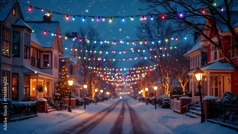 Fototapeta premium Magical Christmas Eve, Multicolored Lights & Snowfall on a Quaint Suburban Street