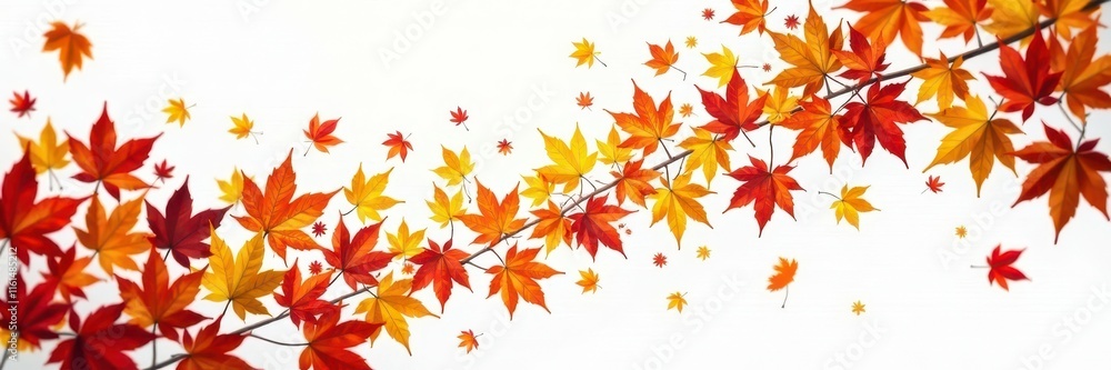 Swirling descent of colorful autumn leaves on bright white, abstract, image Swirling descent of colorful autumn leaves on bright white, abstract, image