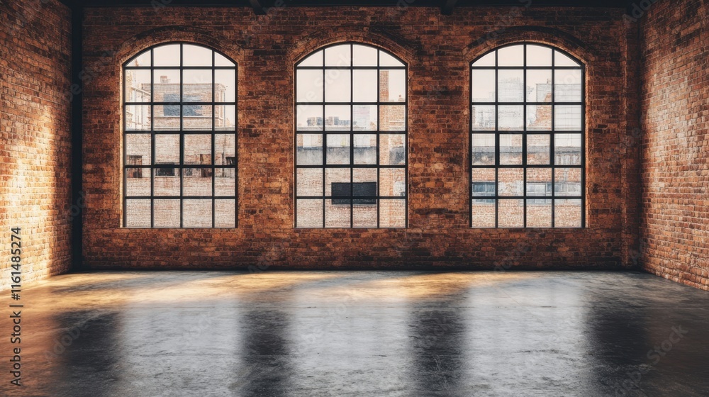 A large room with three windows and a brick wall. The room is empty and has a lot of natural light coming in A large room with three windows and a brick wall. The room is empty and has a lot of natural light coming in