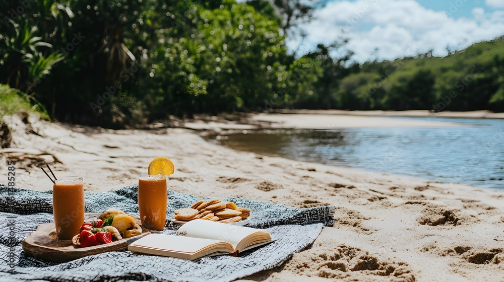Relaxing beach picnic scene with two smoothies, fruit, cookies, and a book on a blanket by the river. Lush greenery and a sunny sky create a tranquil atmosphere. Relaxing beach picnic scene with two smoothies, fruit, cookies, and a book on a blanket by the river. Lush greenery and a sunny sky create a tranquil atmosphere.