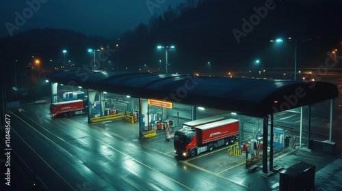 Industrial Fueling Station at Night with Safety Lighting photo