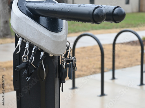 Bike repair station in front of bike rack