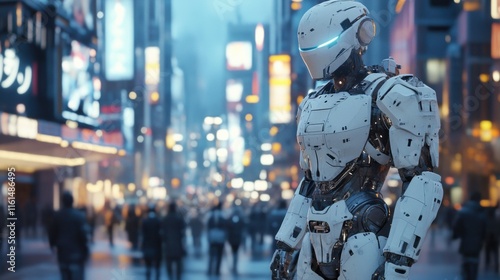 A heavily armored cybernetic soldier standing guard in a dystopian city square photo