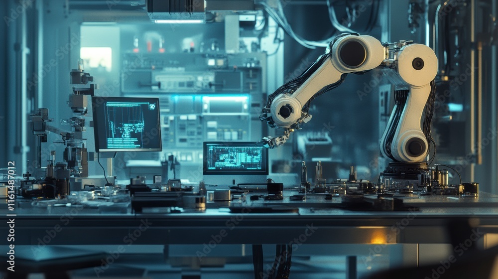 A high-tech cyberpunk workshop with robotic arms constructing advanced gadgets A high-tech cyberpunk workshop with robotic arms constructing advanced gadgets