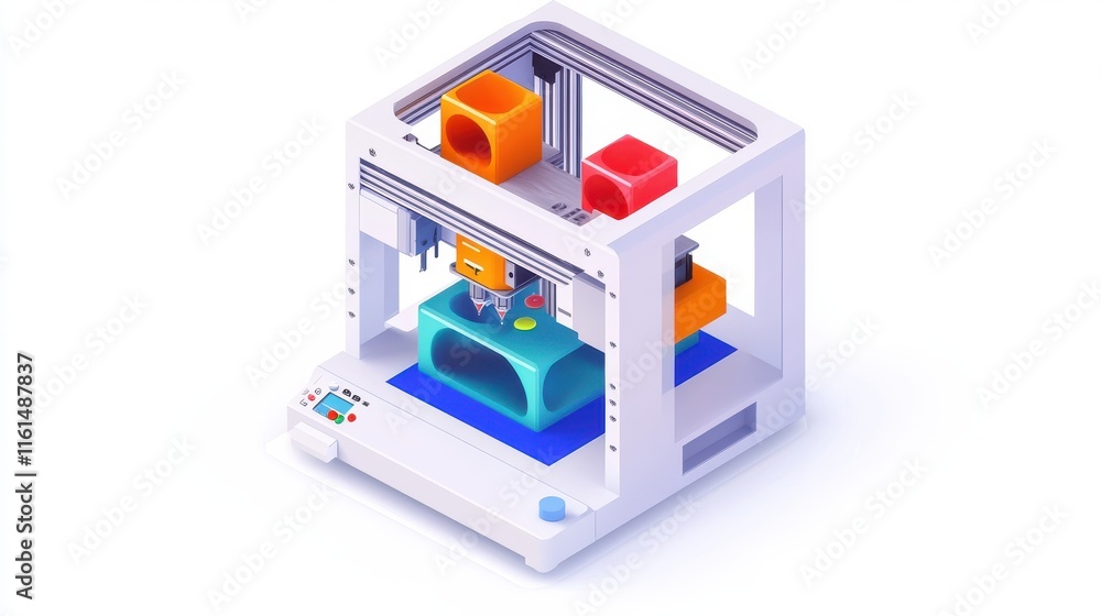 A colorful 3D printer in action, showcasing a vibrant blue print and rectangular shapes in bright orange and yellow. A colorful 3D printer in action, showcasing a vibrant blue print and rectangular shapes in bright orange and yellow.