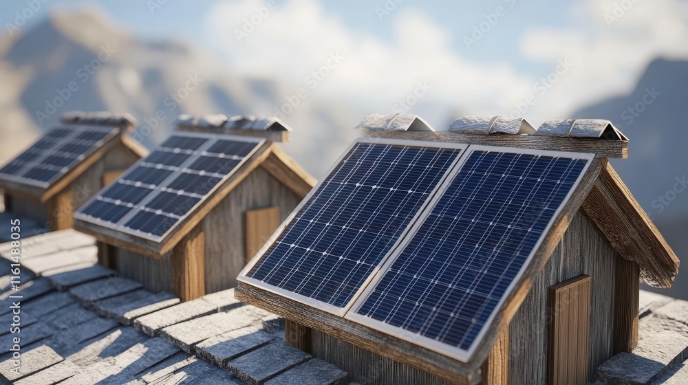 Fototapeta premium Rooftops with solar panels in a serene mountain setting, showcasing sustainable energy solutions.