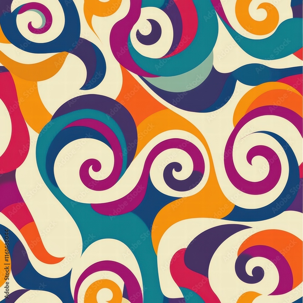 Fototapeta premium Retro inspired colorful spiral pattern with curved lines in vibrant 70s hues. Generative AI