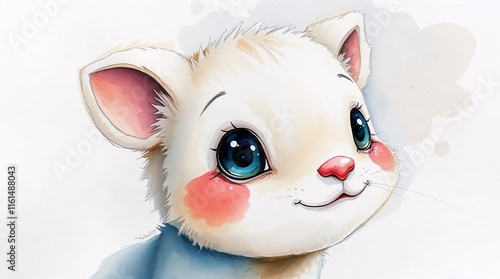 Cute cartoon illustration of a happy kitten with big eyes and rosy cheeks in playful style photo