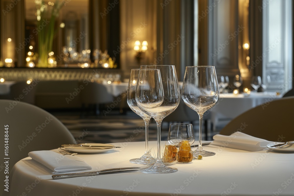 Elegant dining setting with sparkling glassware and ambient lighting, perfect for a fine dining experience.