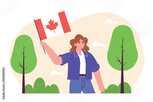 Young woman holding Canadian national flag vector flat illustration